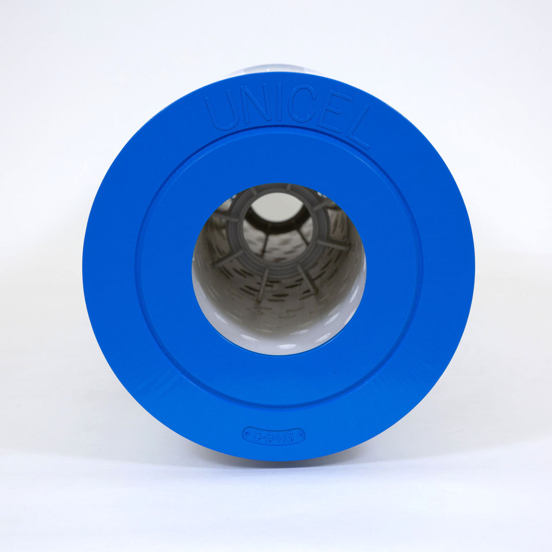 Cylindrical replacement filter cartridge with blue end cap embossed with unicel logo and model number c-8416