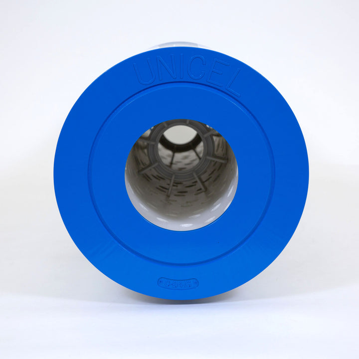 Cylindrical replacement filter cartridge with blue end cap embossed with unicel logo and model number c-8416