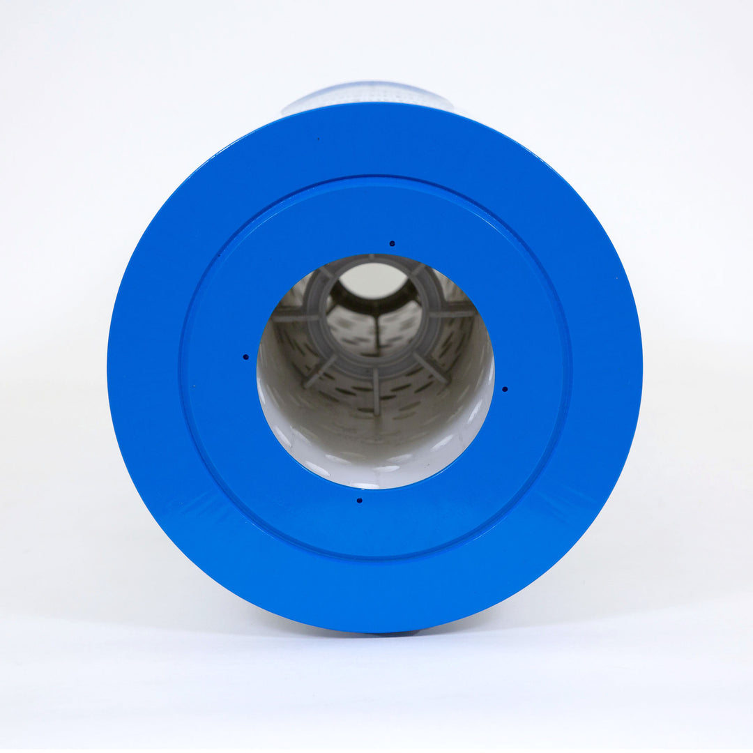 close-up view of a cylindrical replacement filter cartridge with a bright blue end cap and a hollow center
