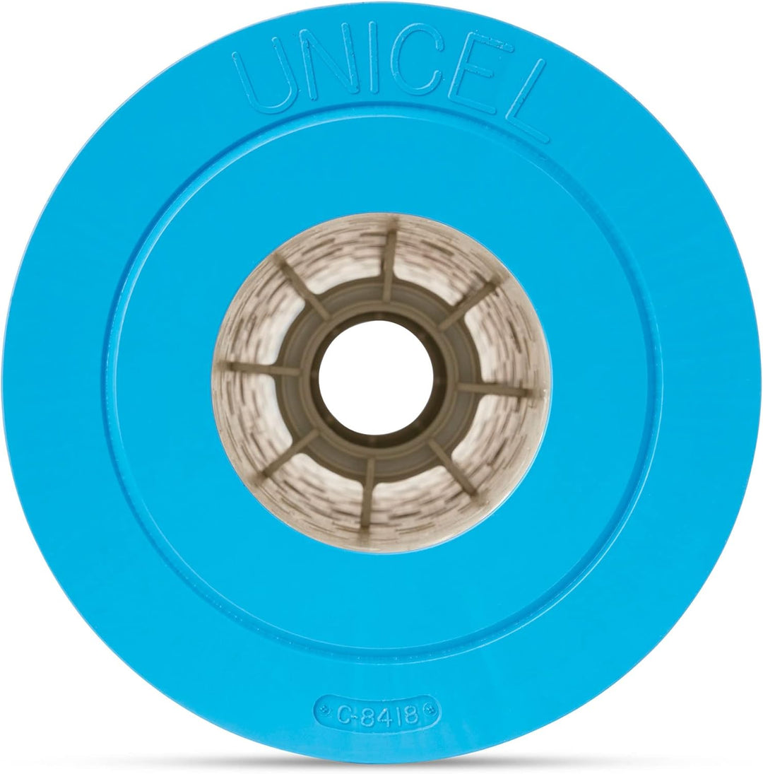 top view of Unicel pool filter cartridge with bright blue plastic end cap and pleated filtration material inside
