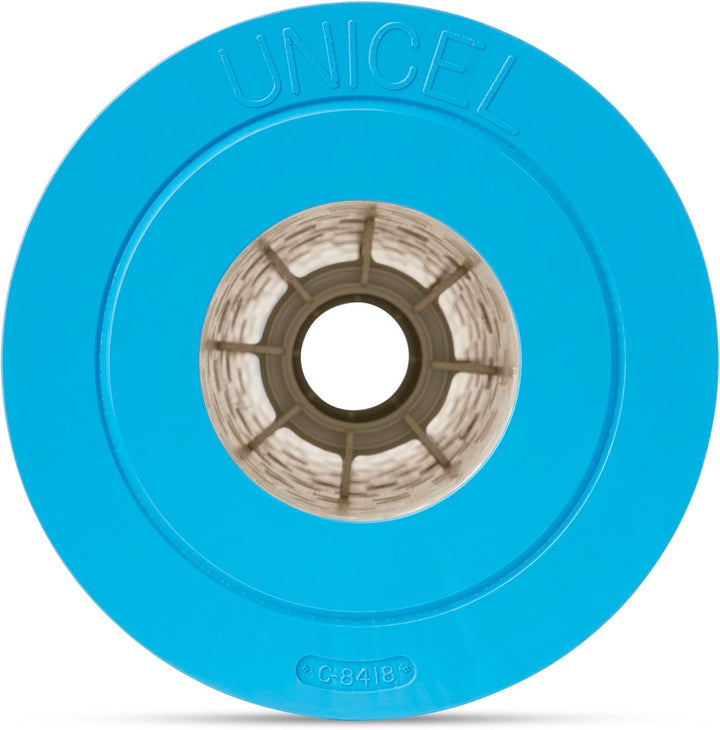 top view of Unicel pool filter cartridge with bright blue plastic end cap and pleated filtration material inside