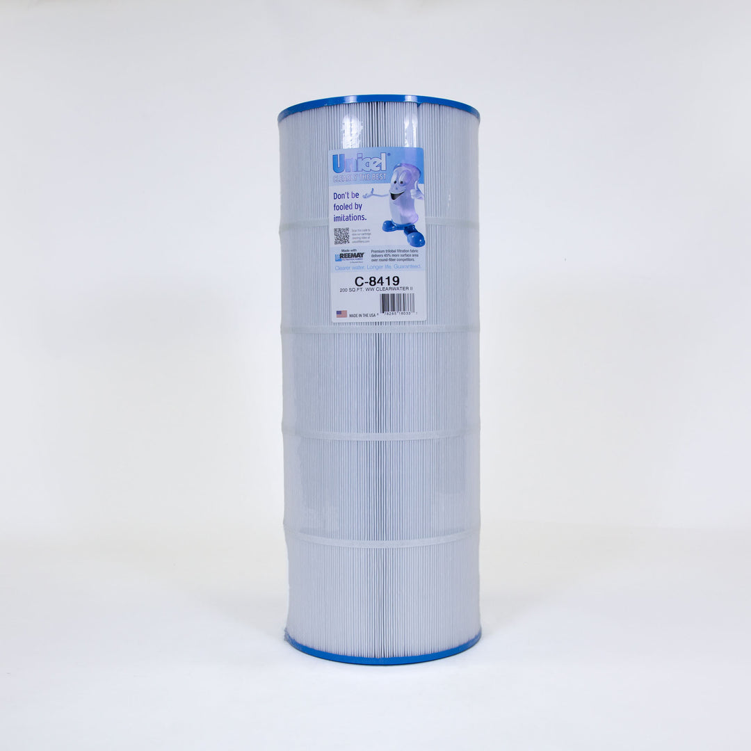 cylindrical pool filter cartridge with pleated material and blue edges, labeled with Unicel brand and product code C-8419