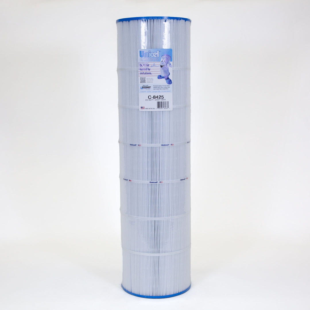 Tall cylindrical pool filter cartridge with white pleated material and blue edges standing upright on white background