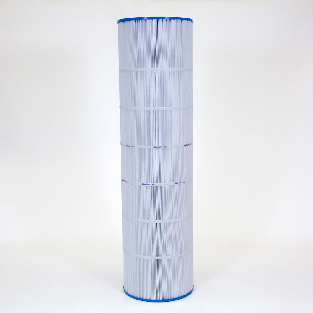 Tall cylindrical pool filter cartridge with white pleated material and blue end caps standing upright on a white background