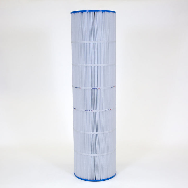 Tall cylindrical pool filter cartridge with white pleated material and blue end caps standing upright on a white background