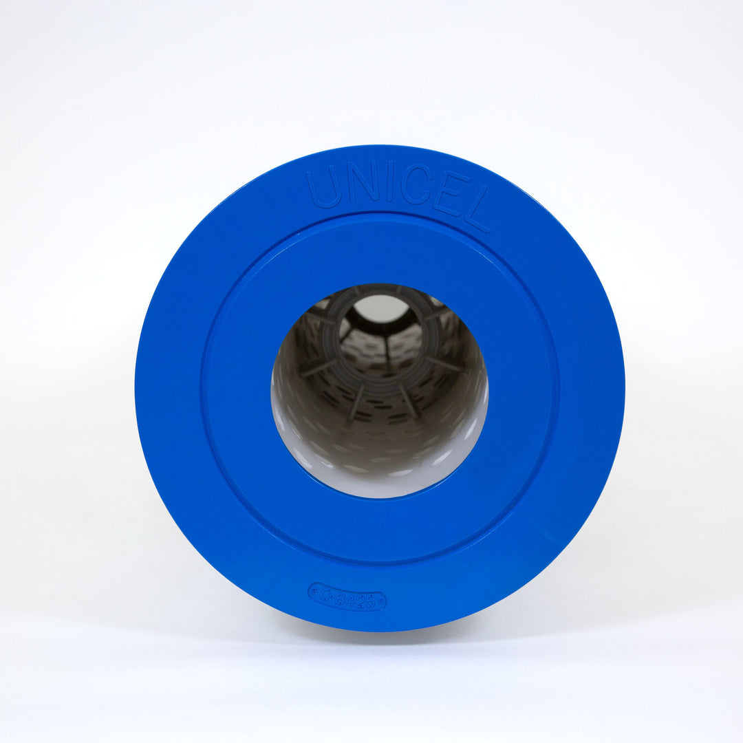 blue circular top of a cylindrical replacement filter cartridge with perforated inner structure visible in the center
