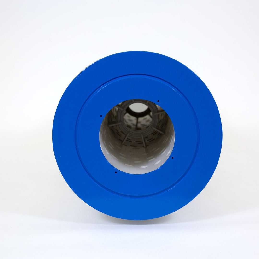 cylindrical pool filter cartridge with bright blue top and visible internal support structure on white background