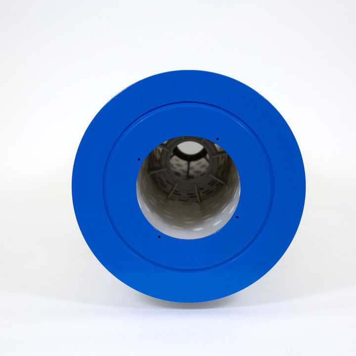 cylindrical pool filter cartridge with bright blue top and visible internal support structure on white background