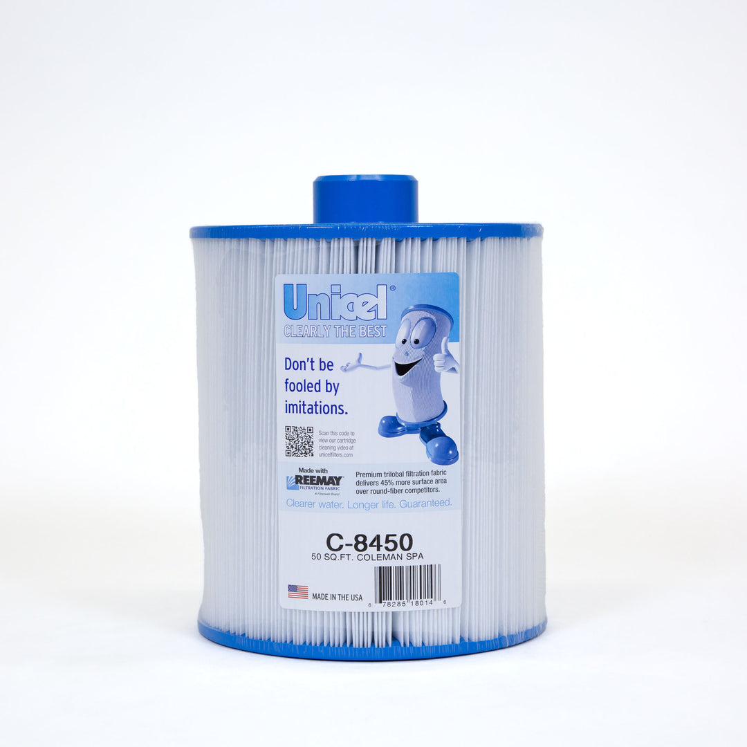 cylindrical white spa filter cartridge with blue edges and a label featuring a cartoon filter and product details