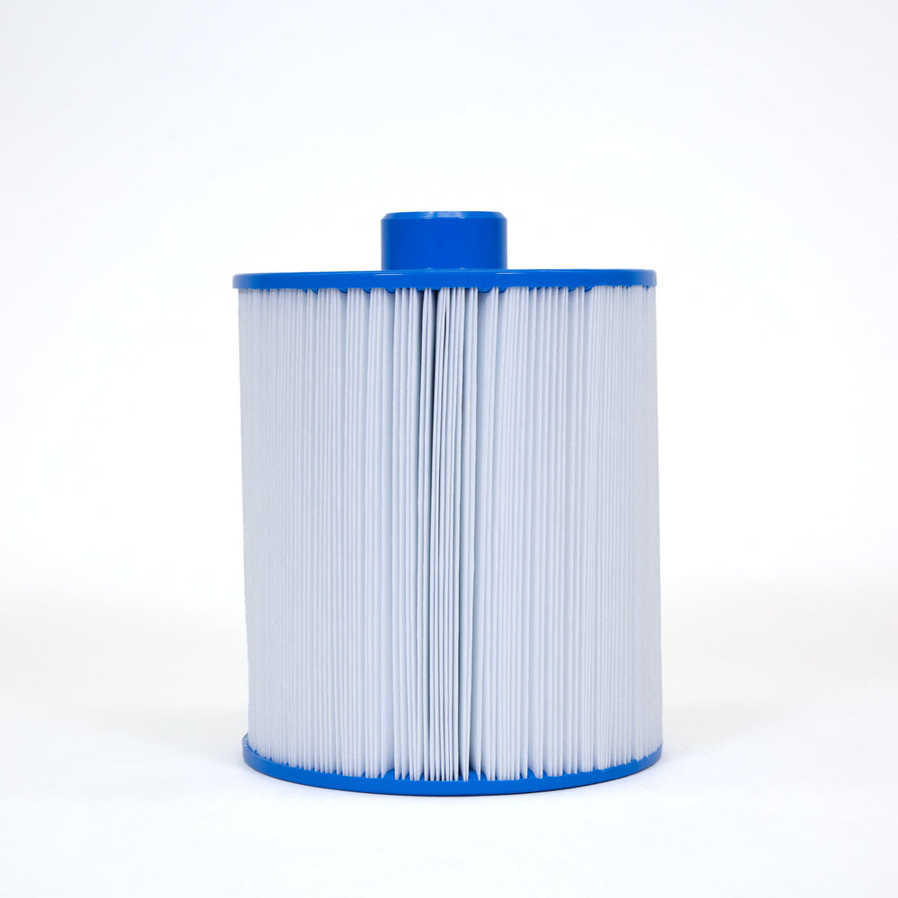 cylindrical white pleated filter cartridge with blue plastic top and bottom capped ends