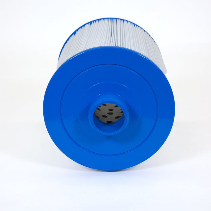 Cylindrical white pleated filter cartridge with bright blue plastic end caps positioned on a white surface