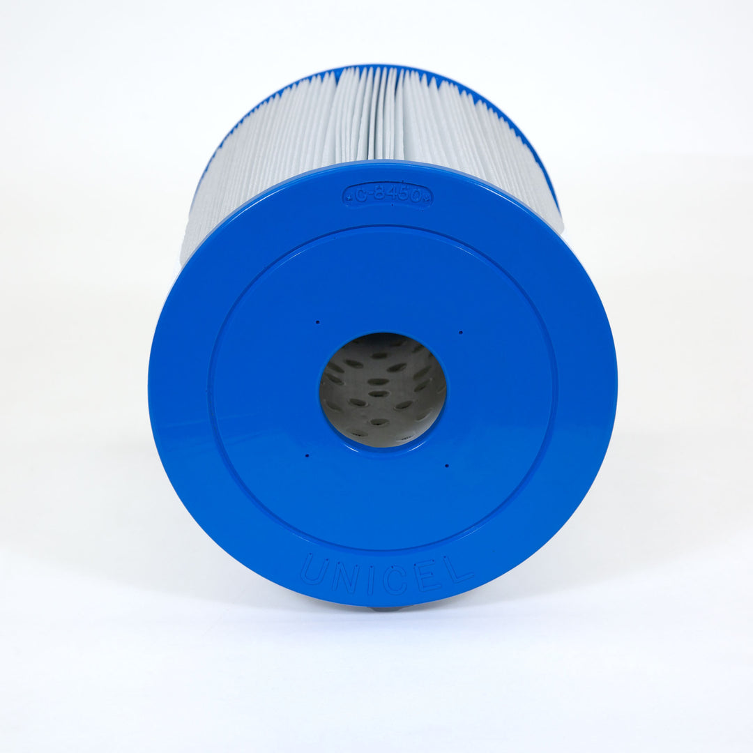 Cylindrical replacement filter cartridge with blue plastic end caps and white pleated filter material for spa filtration
