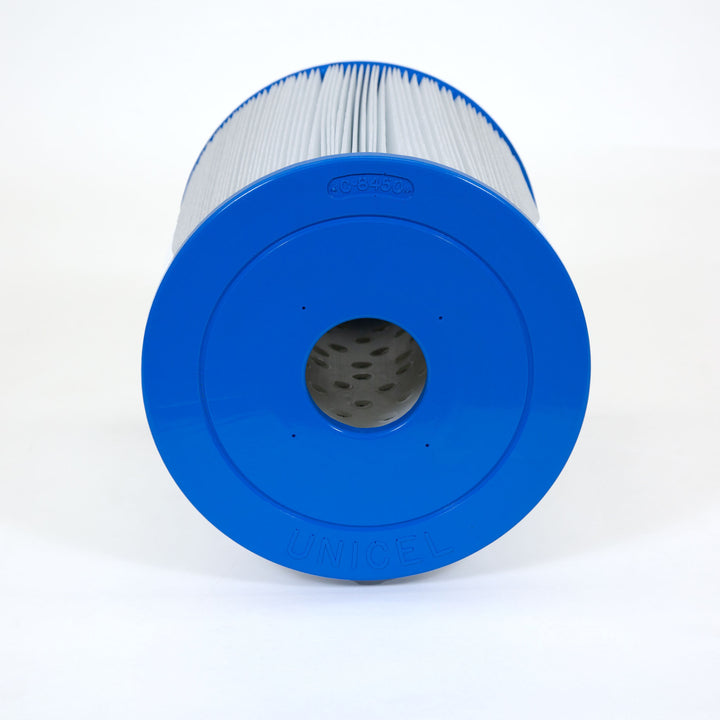 Cylindrical replacement filter cartridge with blue plastic end caps and white pleated filter material for spa filtration