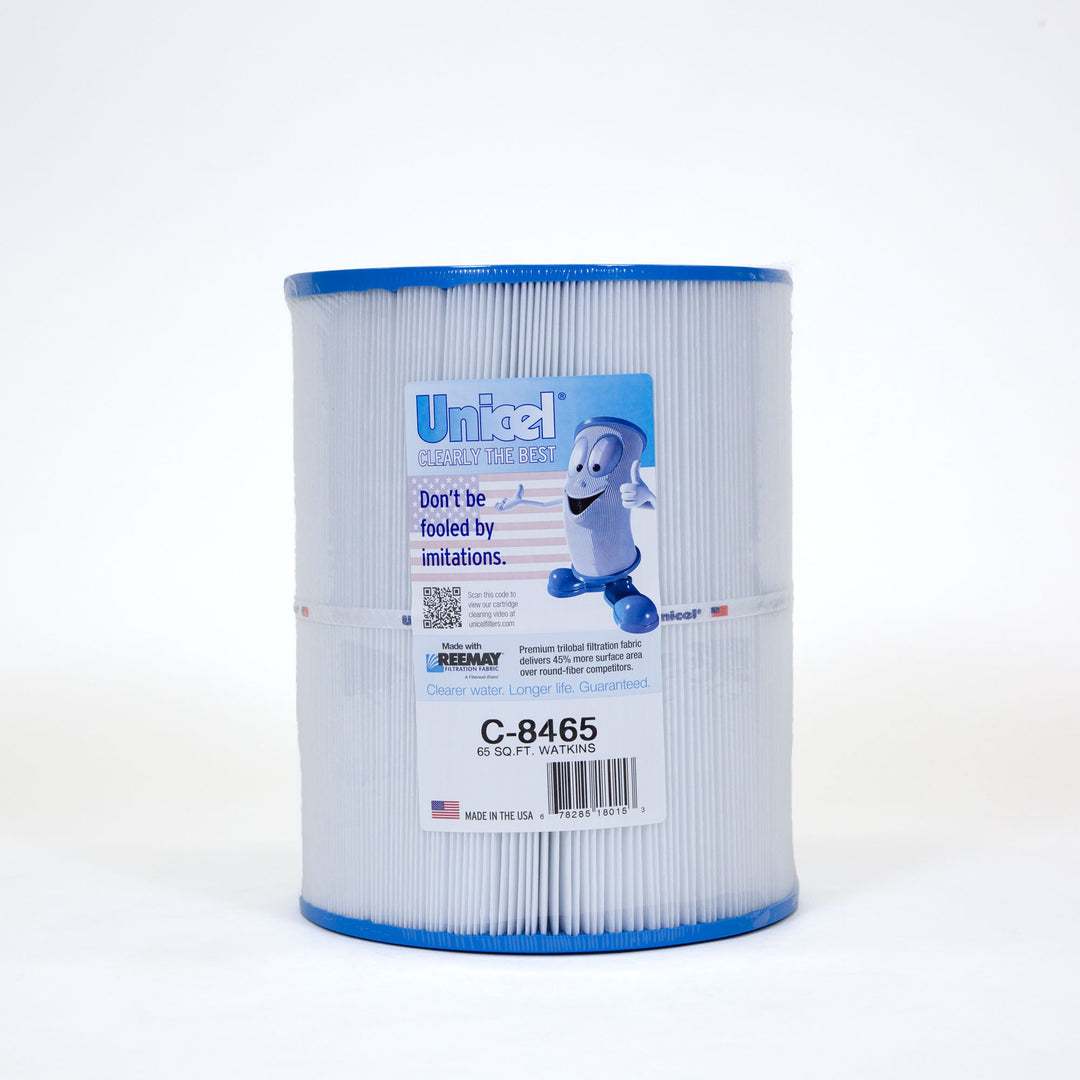 cylindrical pool and spa filter cartridge with pleated white fabric and blue end caps standing upright on plain white background