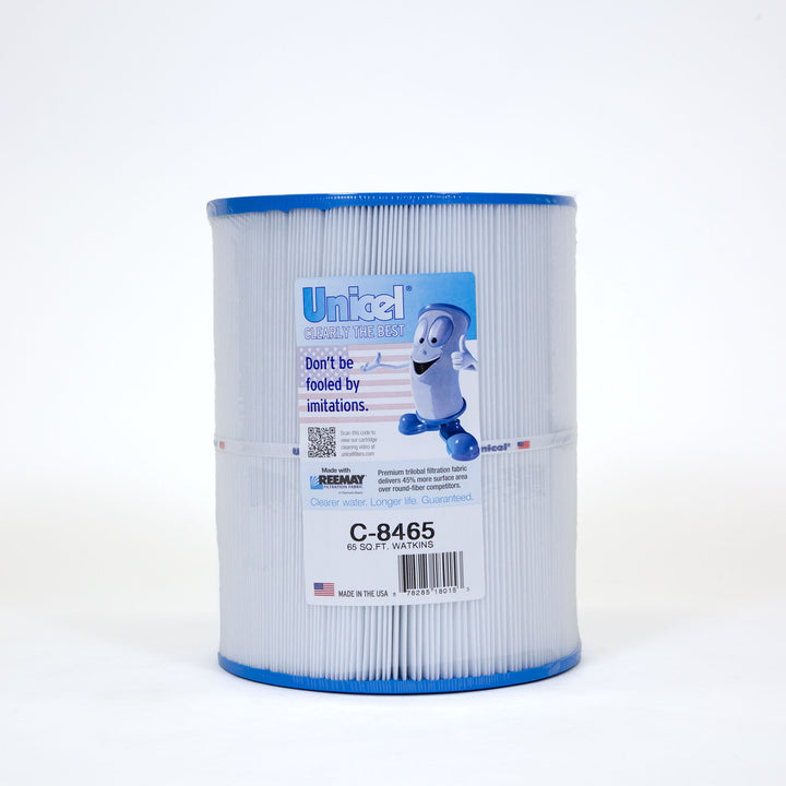 cylindrical pool and spa filter cartridge with pleated white fabric and blue end caps standing upright on plain white background