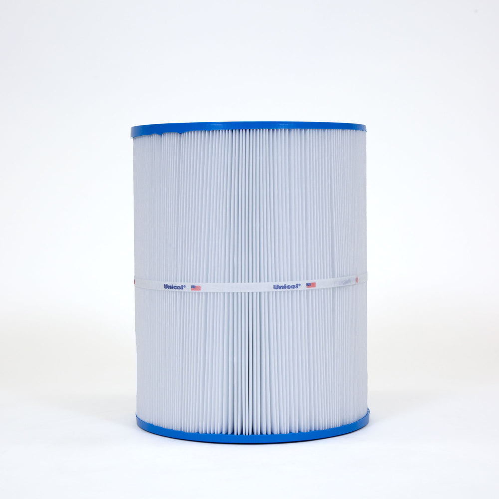 cylindrical white pleated spa filter cartridge with blue ends and white band with logos on plain white background