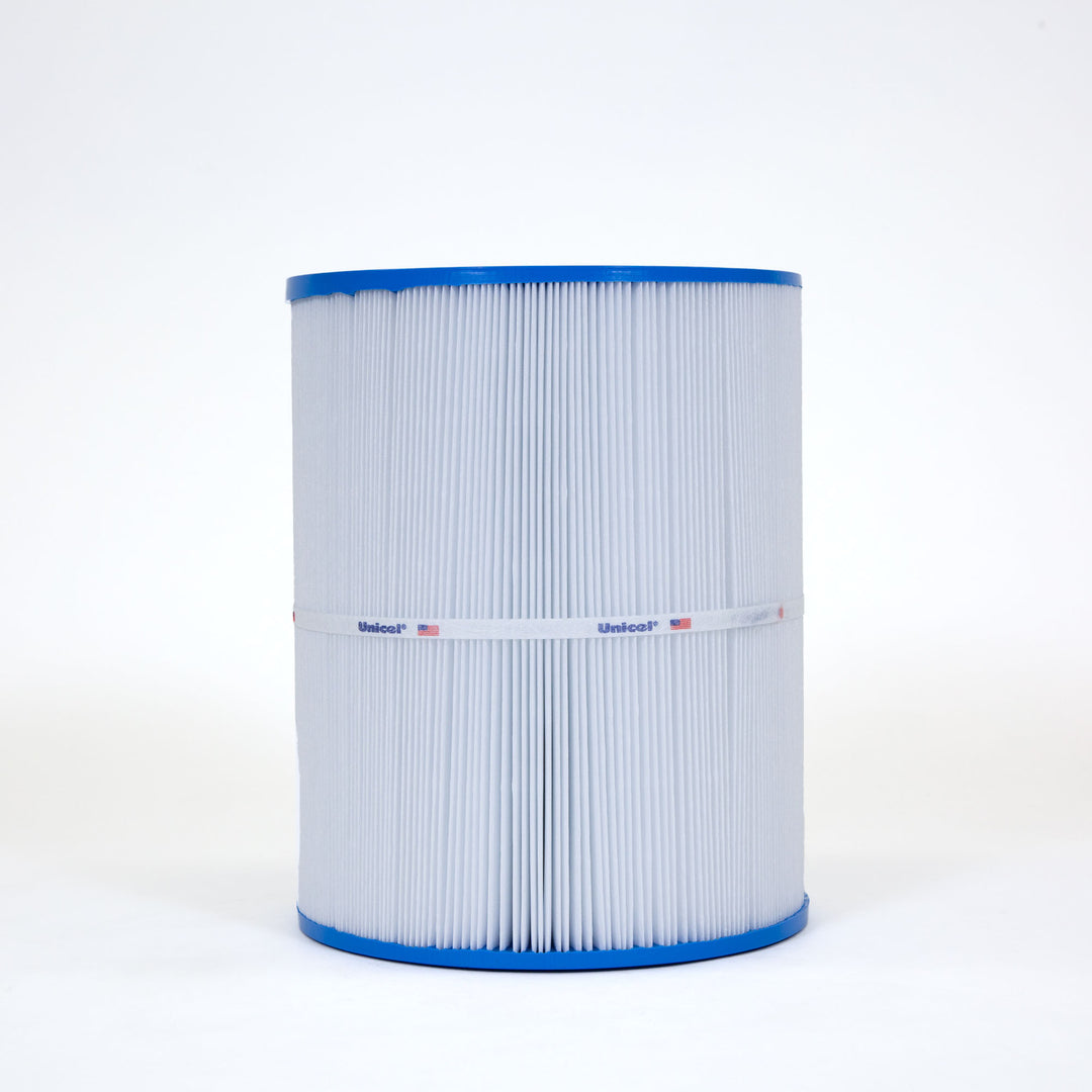 cylindrical white pleated spa filter cartridge with blue ends and white band with logos on plain white background