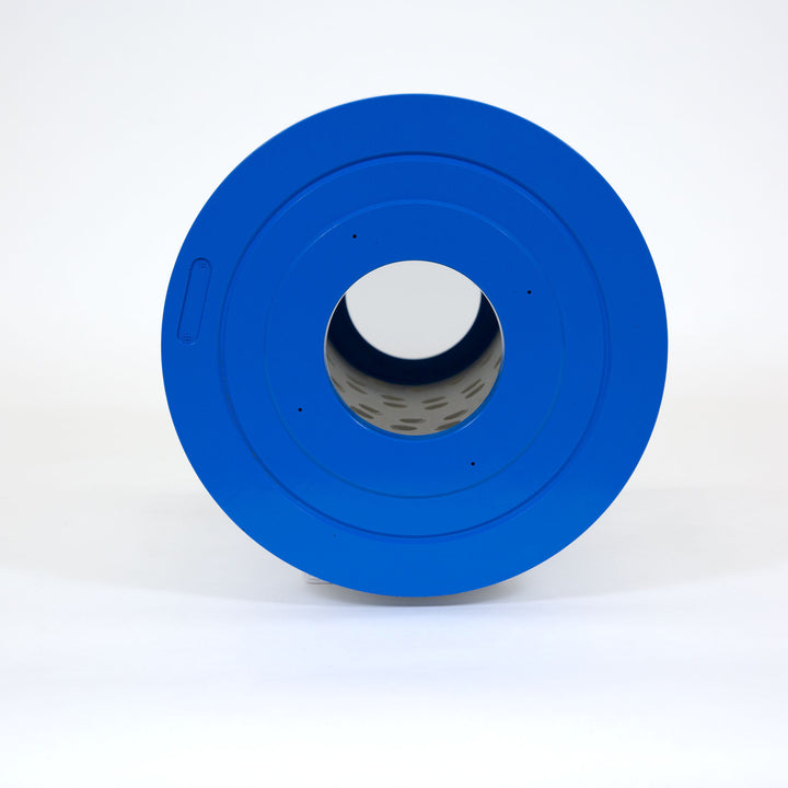 cylindrical hot tub filter cartridge with bright blue plastic end caps and white pleated filter material inside on white background