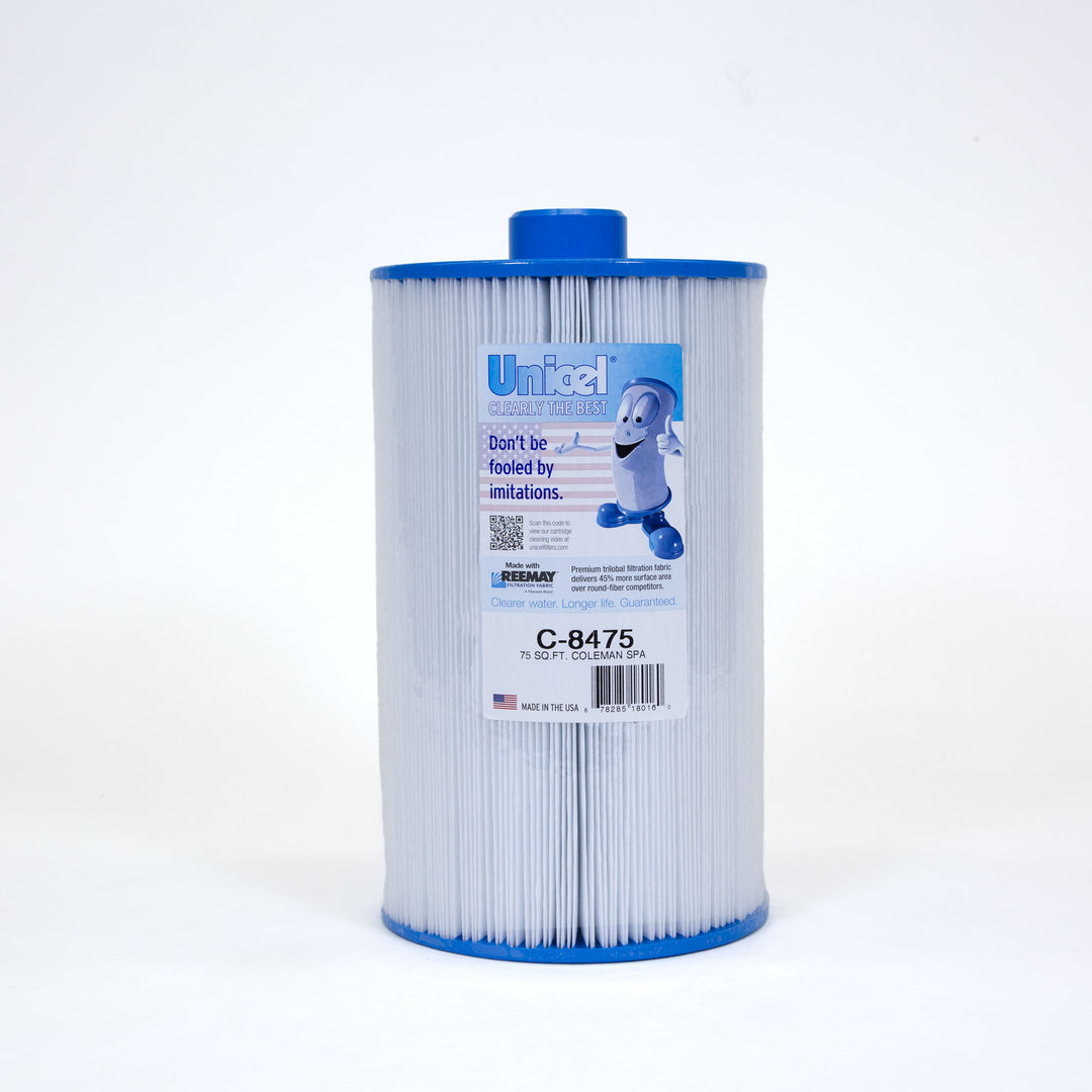 cylindrical replacement spa filter cartridge with white pleated material and blue plastic ends featuring a label with brand and product details