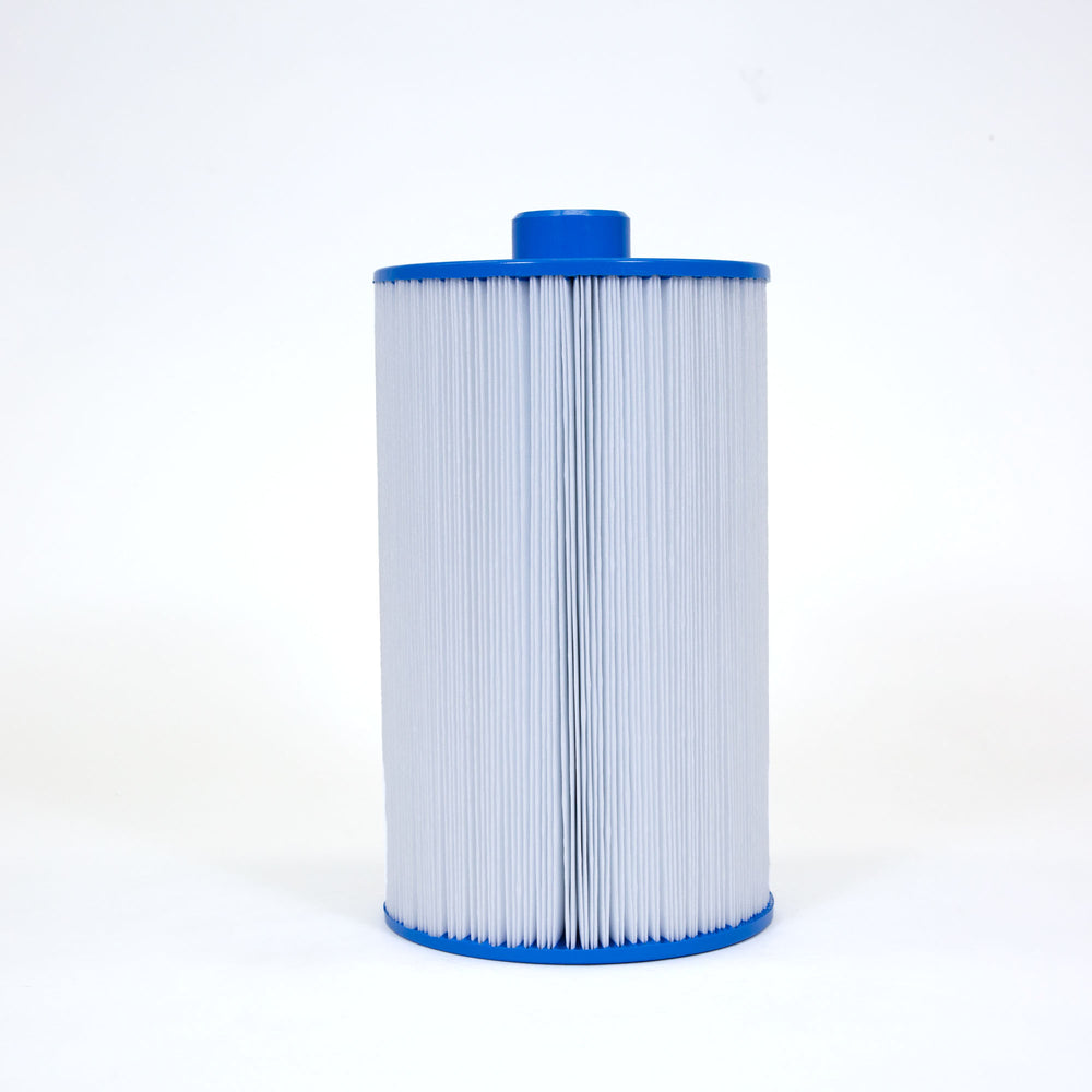 cylindrical spa filter cartridge with pleated white filter material and blue plastic end caps on white background