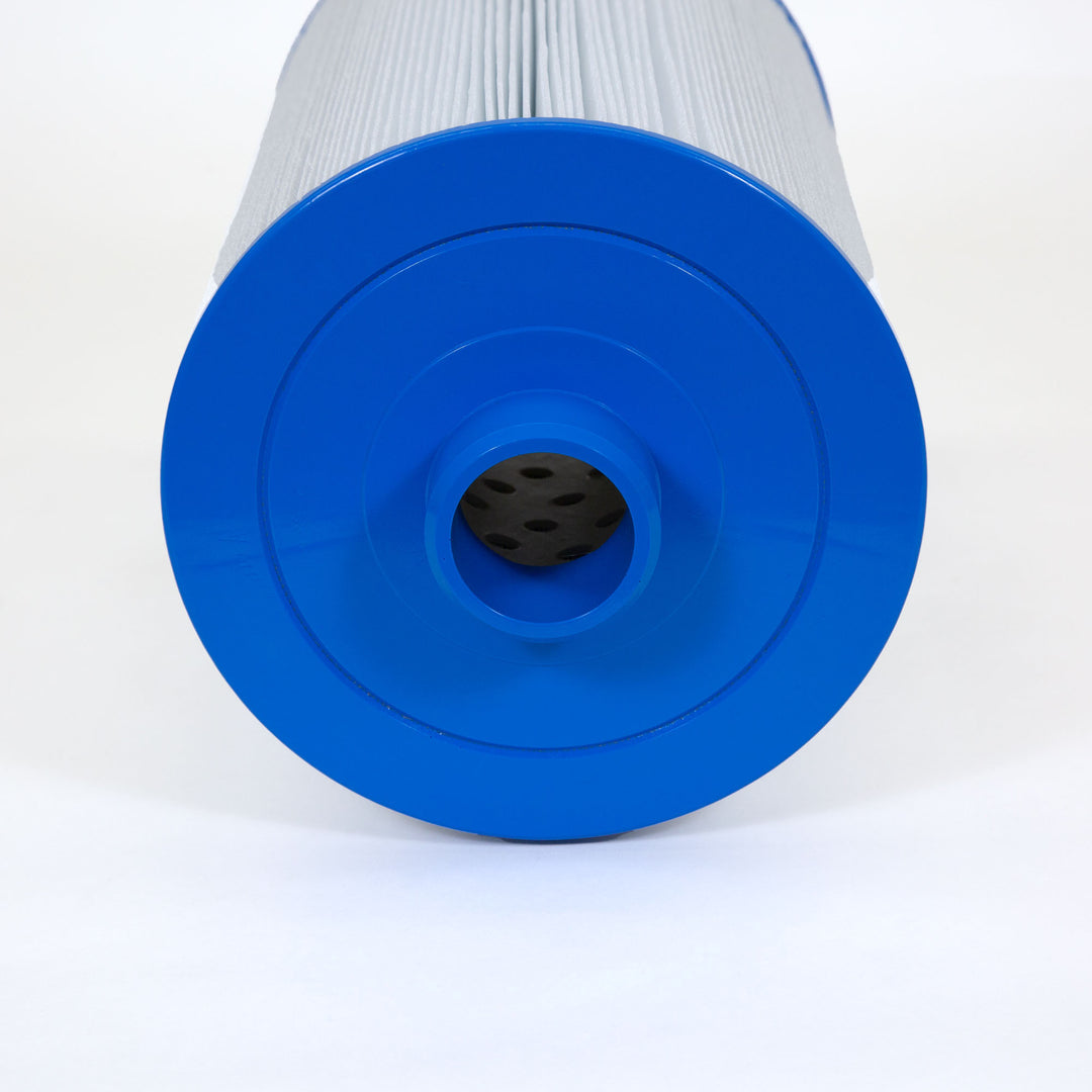 cylindrical spa filter cartridge with tightly pleated white filter material and bright blue plastic circular end cap