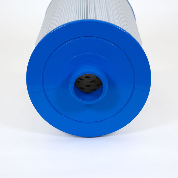 cylindrical spa filter cartridge with tightly pleated white filter material and bright blue plastic circular end cap