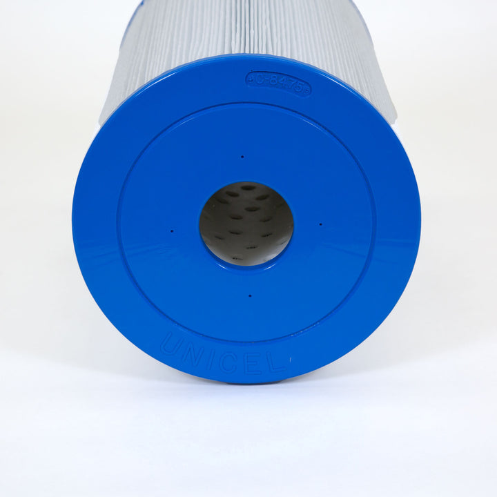 cylindrical spa filter cartridge with blue end cap and white pleated material surrounding the core