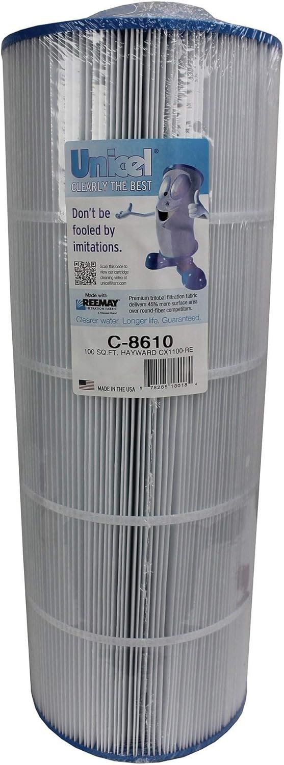 Cylindrical white pool filter cartridge with blue edges and a label showing product details and a cartoon character