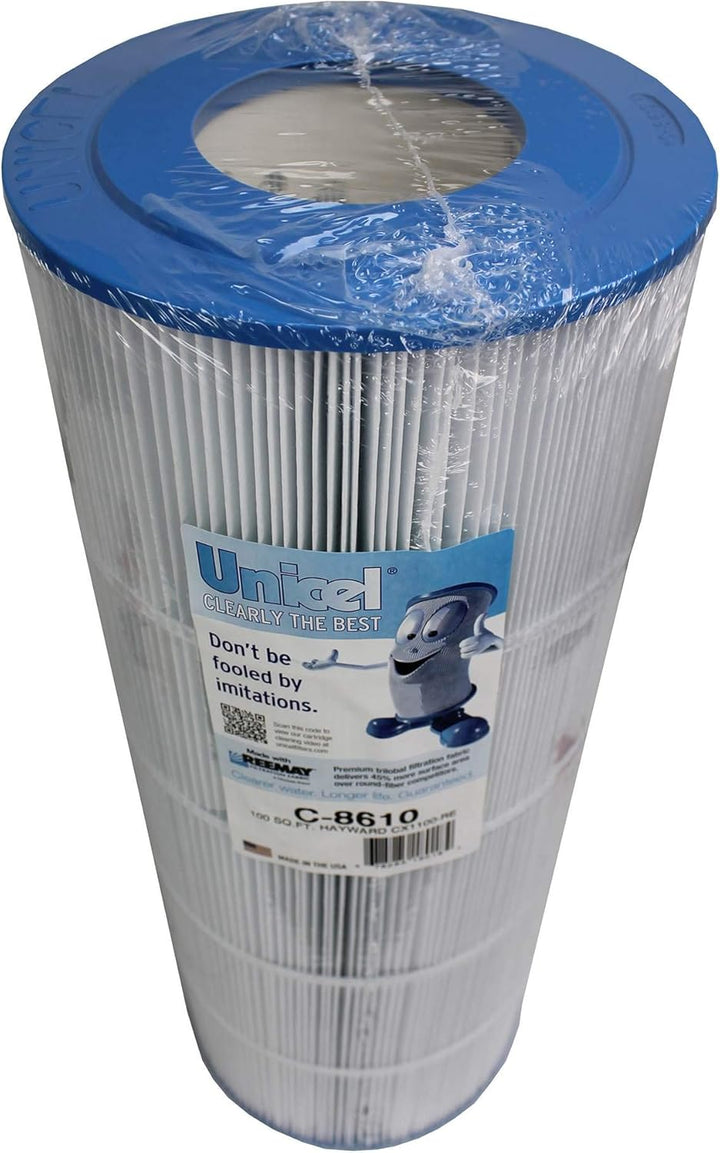 cylindrical pool filter cartridge with pleated white material and blue top wrapped in plastic with label