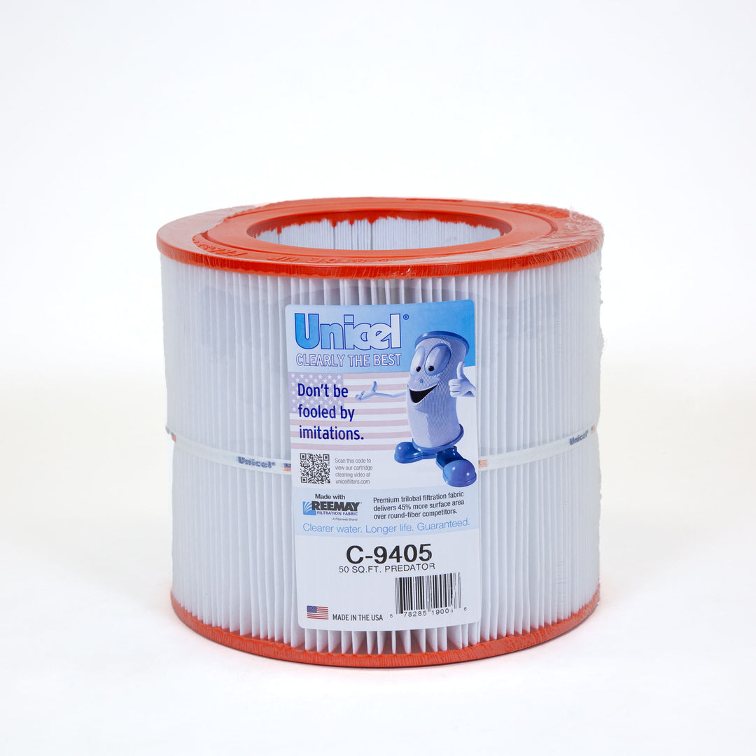 cylindrical pool filter cartridge with orange top and bottom edges and white pleated filtration material with labeled front
