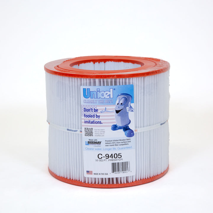 cylindrical pool filter cartridge with orange top and bottom edges and white pleated filtration material with labeled front