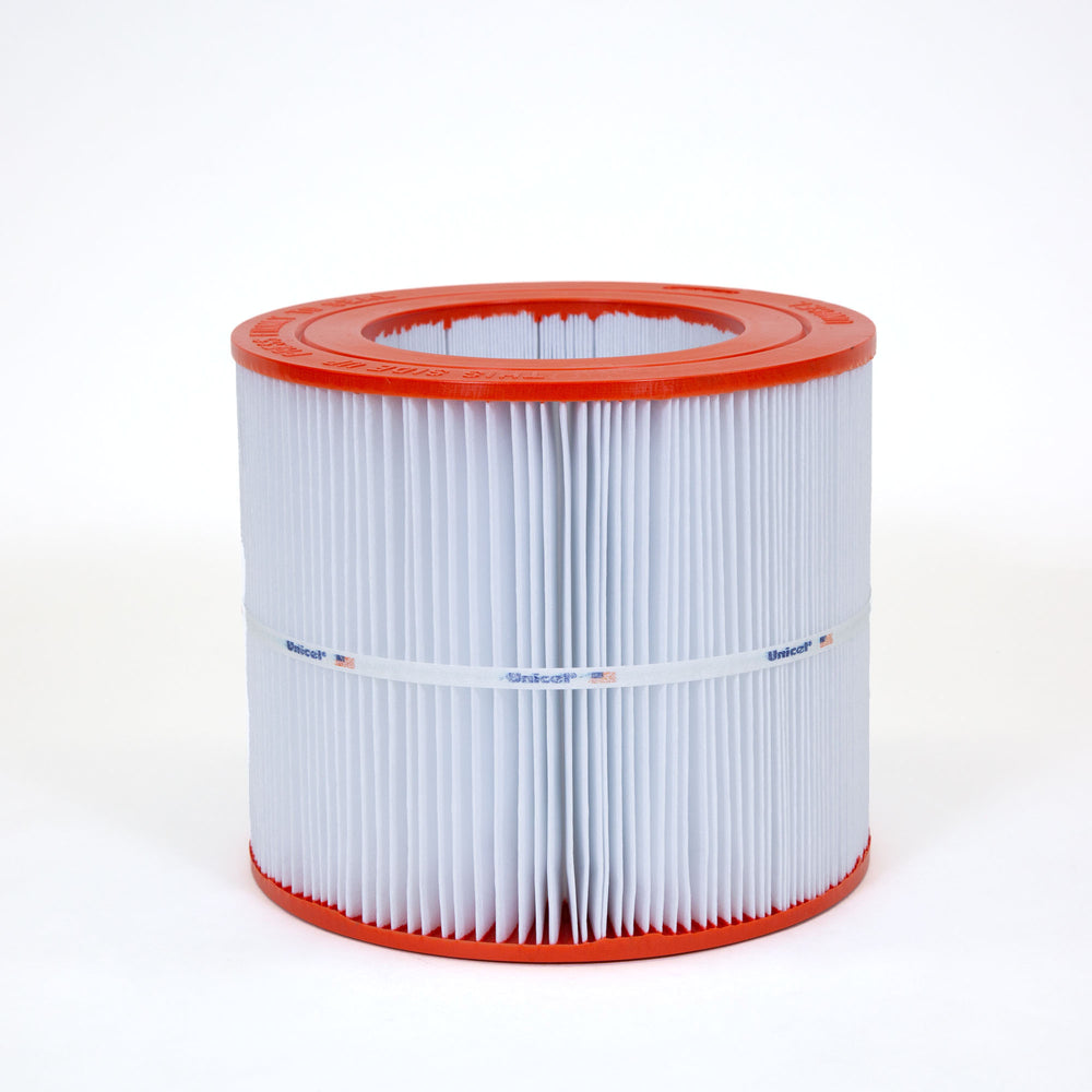 cylindrical pool filter cartridge with white pleated material banded in middle and orange caps on top and bottom