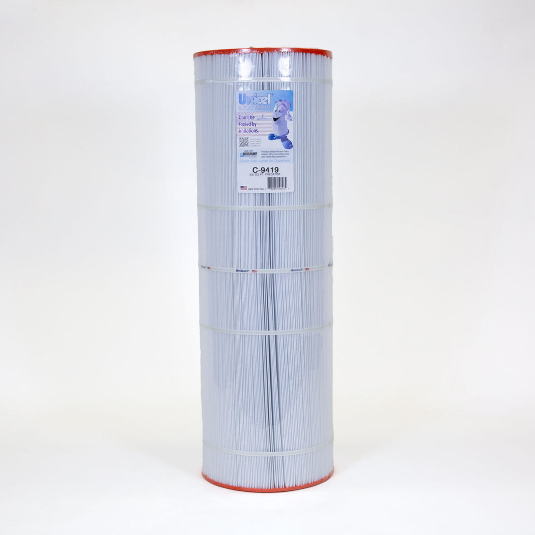 Tall cylindrical pool filter cartridge with tightly pleated white fabric and orange edges placed on white background