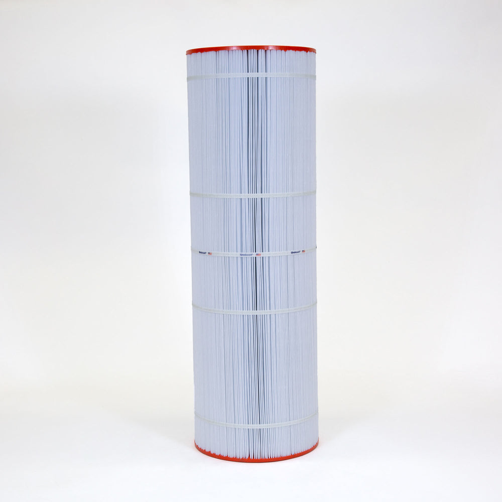 tall cylindrical pool filter cartridge with white pleated material and orange ends on plain background