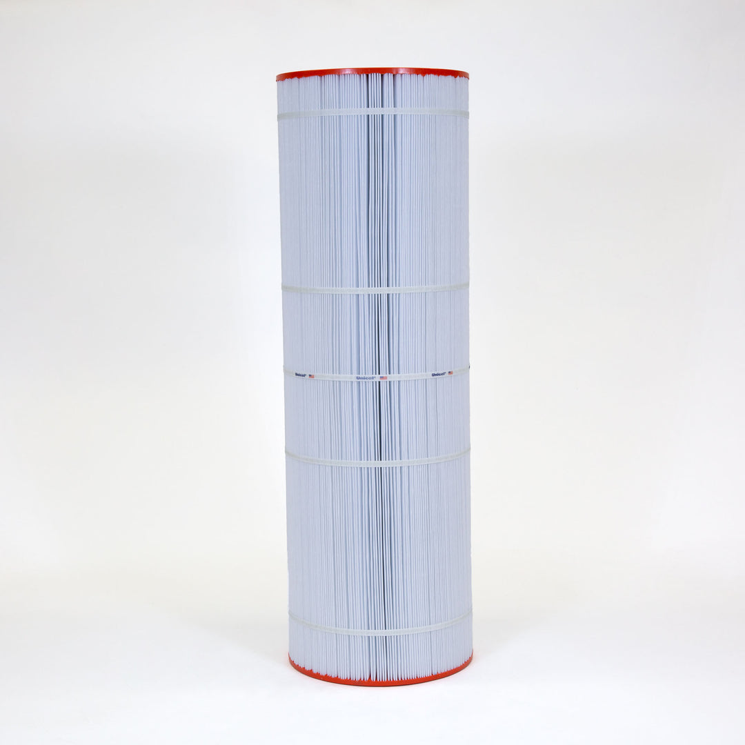 tall cylindrical pool filter cartridge with white pleated material and orange ends on plain background