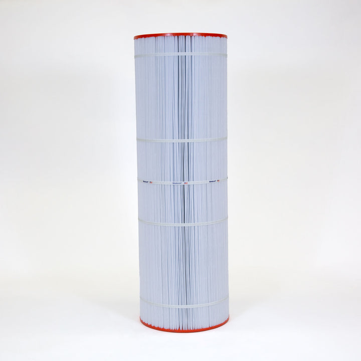 tall cylindrical pool filter cartridge with white pleated material and orange ends on plain background