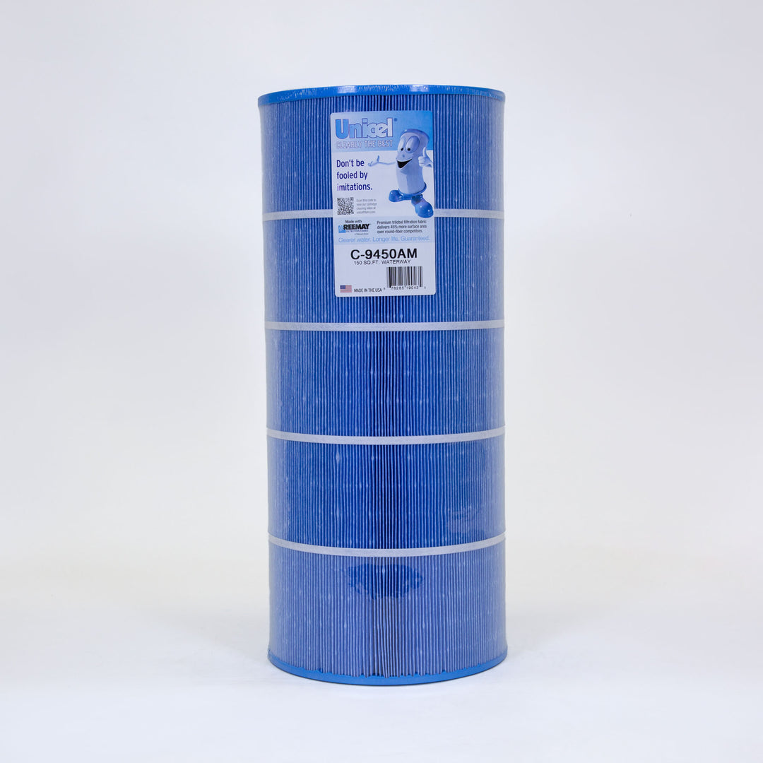 Tall cylindrical blue pool filter cartridge with white bands and a detailed product label on the upper section