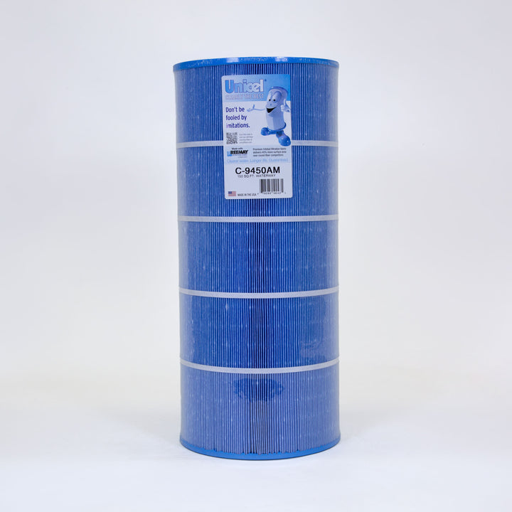 Tall cylindrical blue pool filter cartridge with white bands and a detailed product label on the upper section