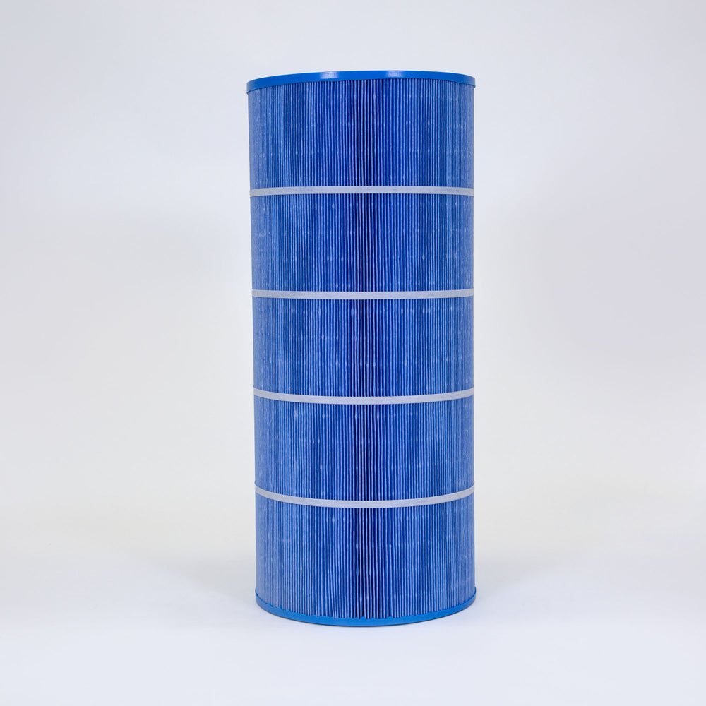Tall cylindrical blue pool filter cartridge with pleated surface and horizontal white bands on light background