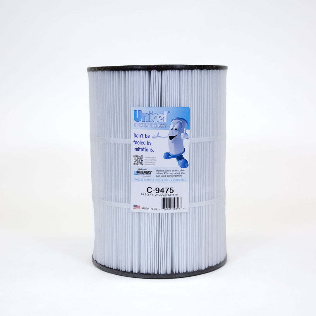 cylindrical white pleated filter cartridge with black edges standing upright on white background with a blue and white product label on the front