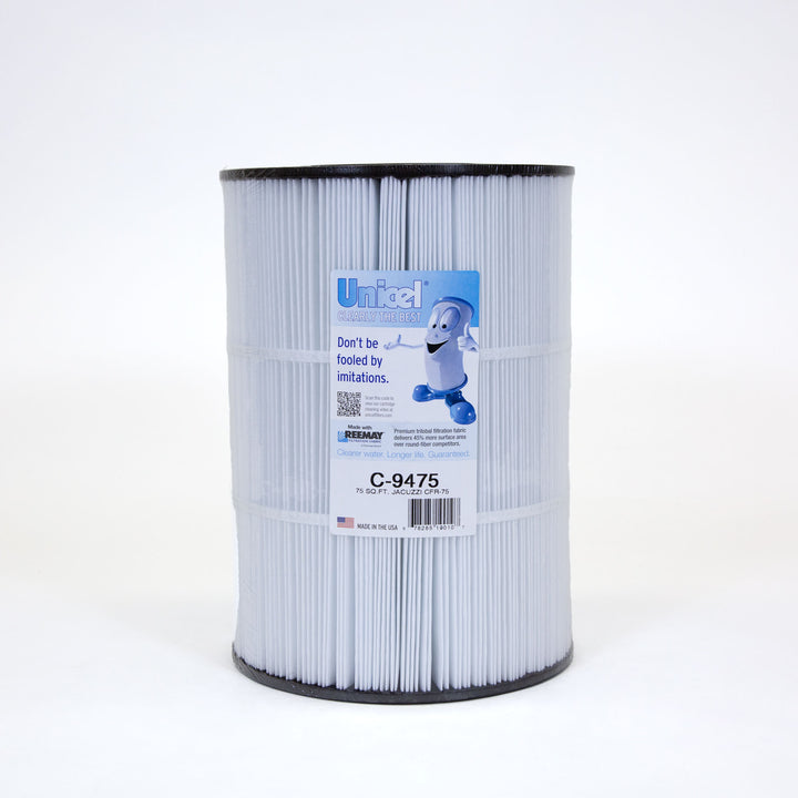 cylindrical white pleated filter cartridge with black edges standing upright on white background with a blue and white product label on the front