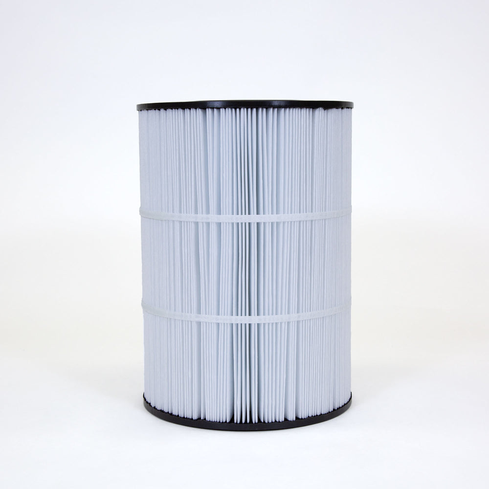 cylindrical white cartridge filter with pleated material and black caps on top and bottom against white background