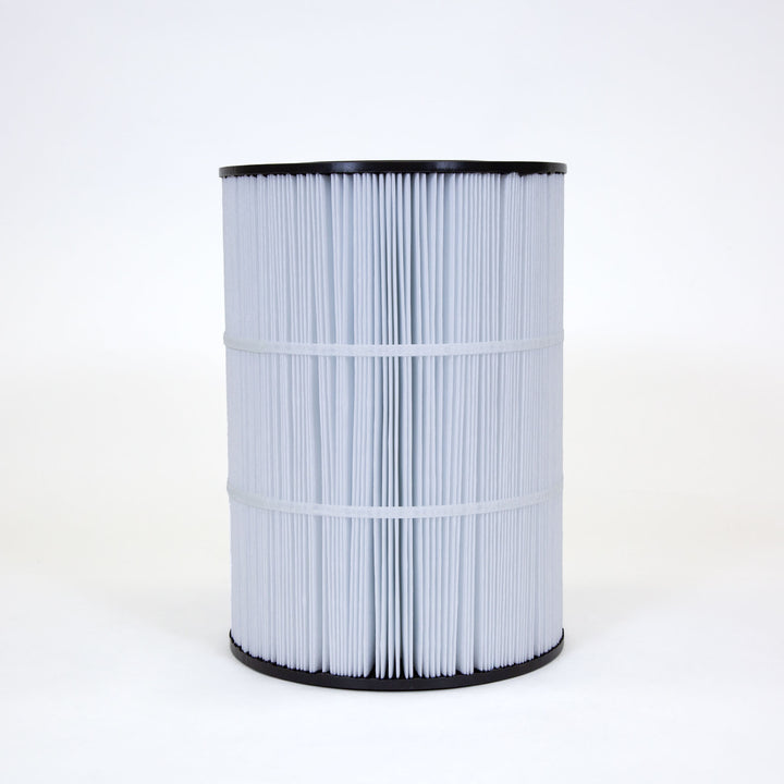 cylindrical white cartridge filter with pleated material and black caps on top and bottom against white background