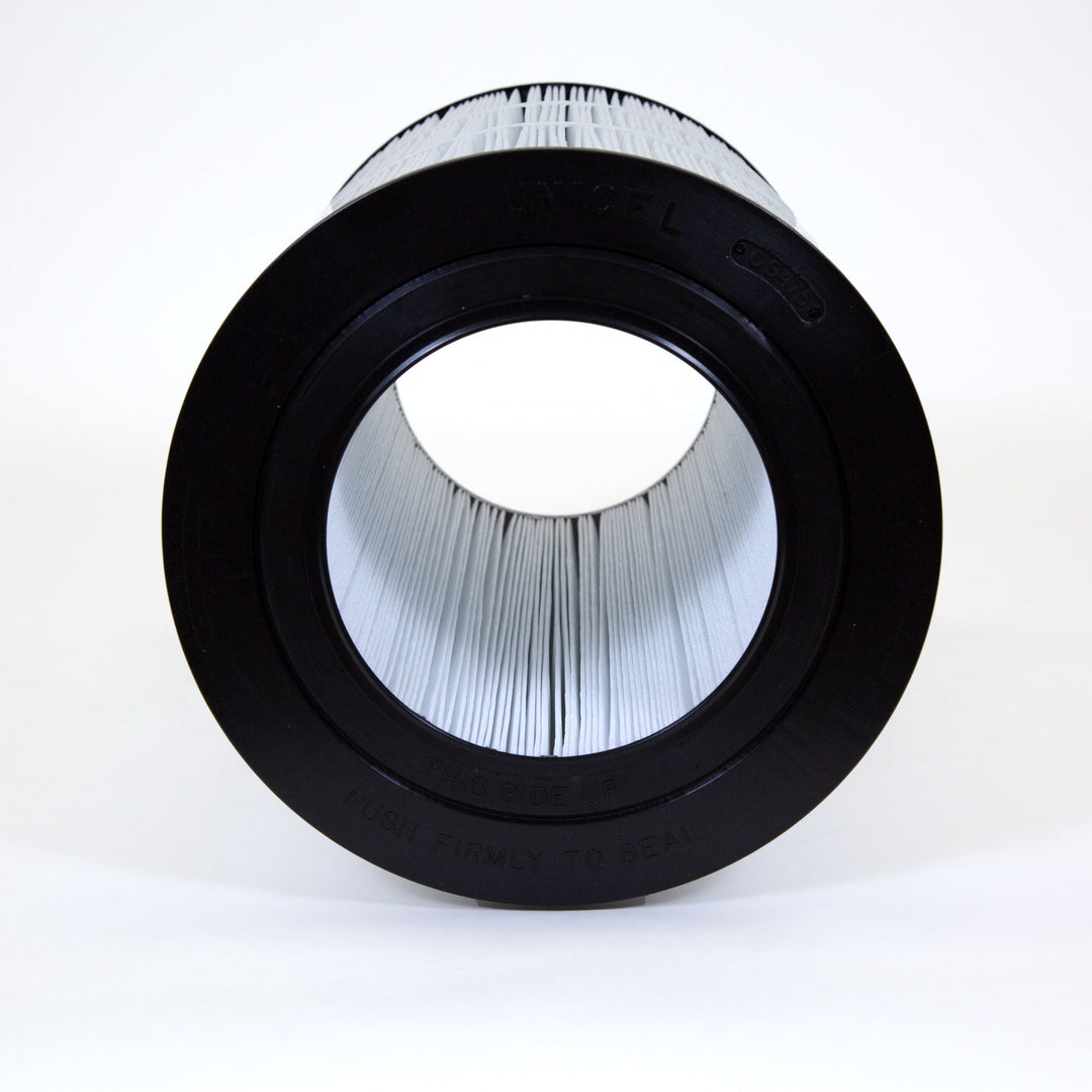 cylindrical water filter cartridge with pleated white fabric and black rubber seals on both ends
