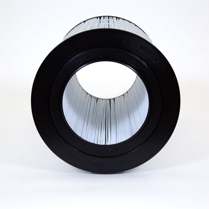 cylindrical water filter cartridge with pleated white fabric and black rubber seals on both ends