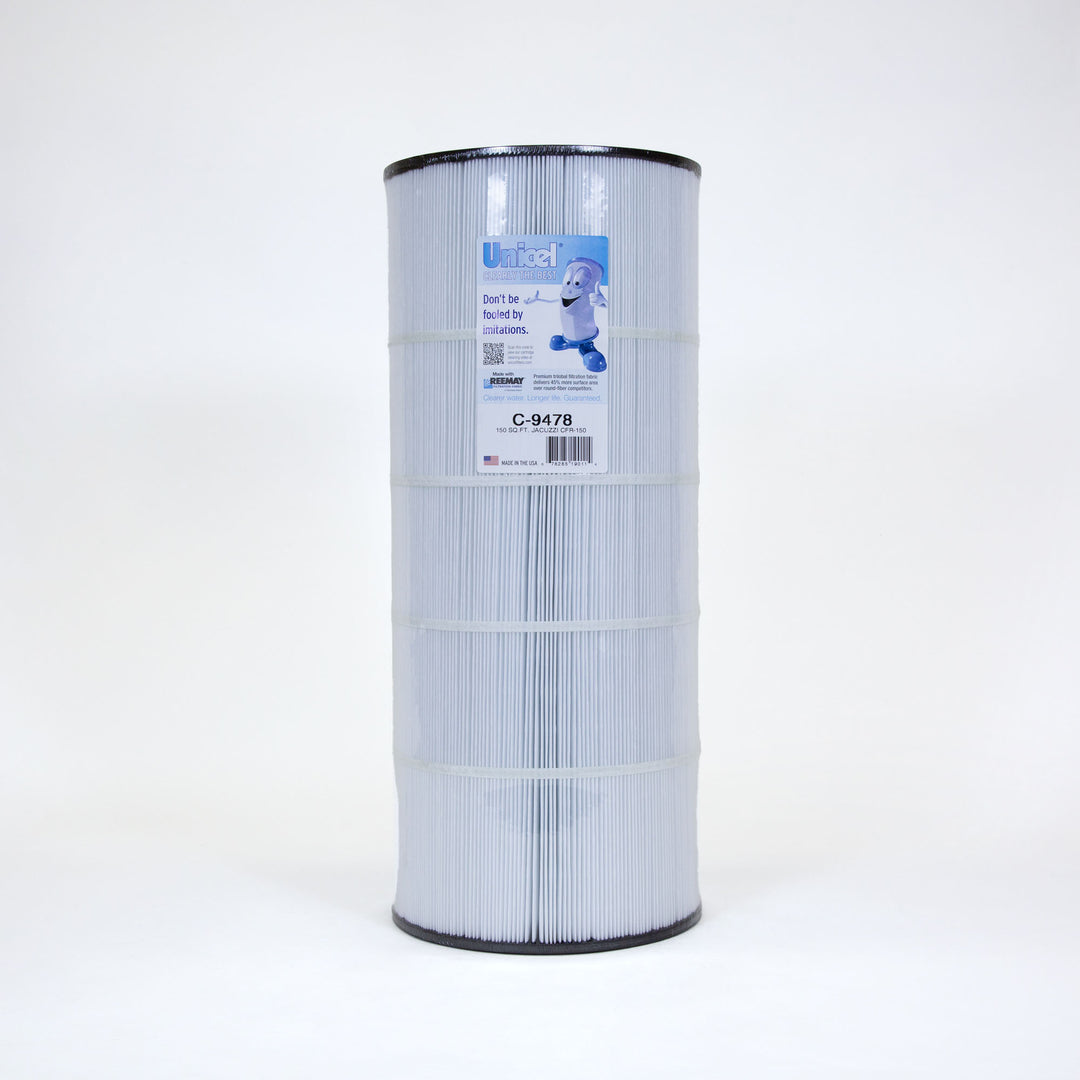 cylindrical white replacement filter cartridge with vertical pleats and a label on front with blue and white text and cartoon character