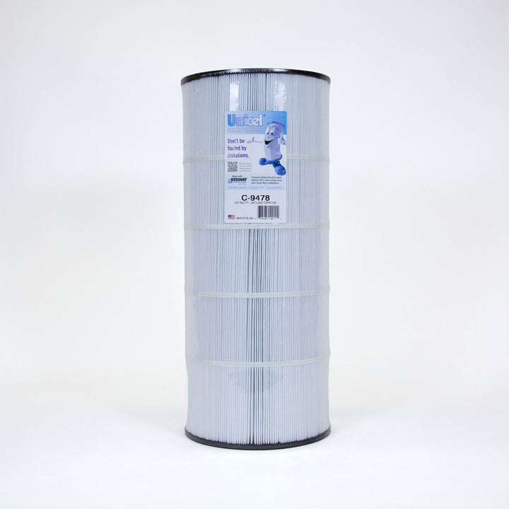cylindrical white replacement filter cartridge with vertical pleats and a label on front with blue and white text and cartoon character