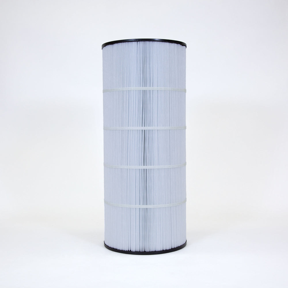 Tall cylindrical white pool filter cartridge with pleated surface and black top and bottom edges standing upright on white background