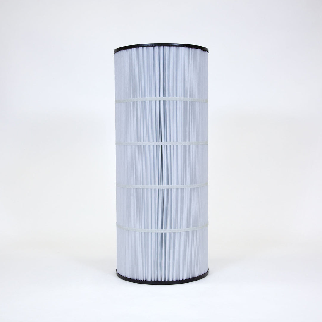 Tall cylindrical white pool filter cartridge with pleated surface and black top and bottom edges standing upright on white background