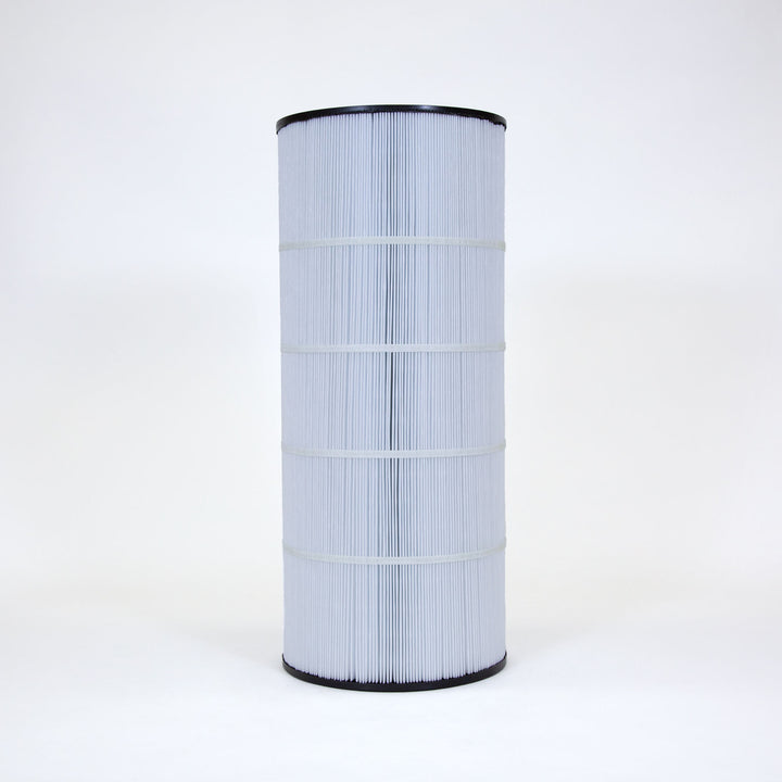 Tall cylindrical white pool filter cartridge with pleated surface and black top and bottom edges standing upright on white background